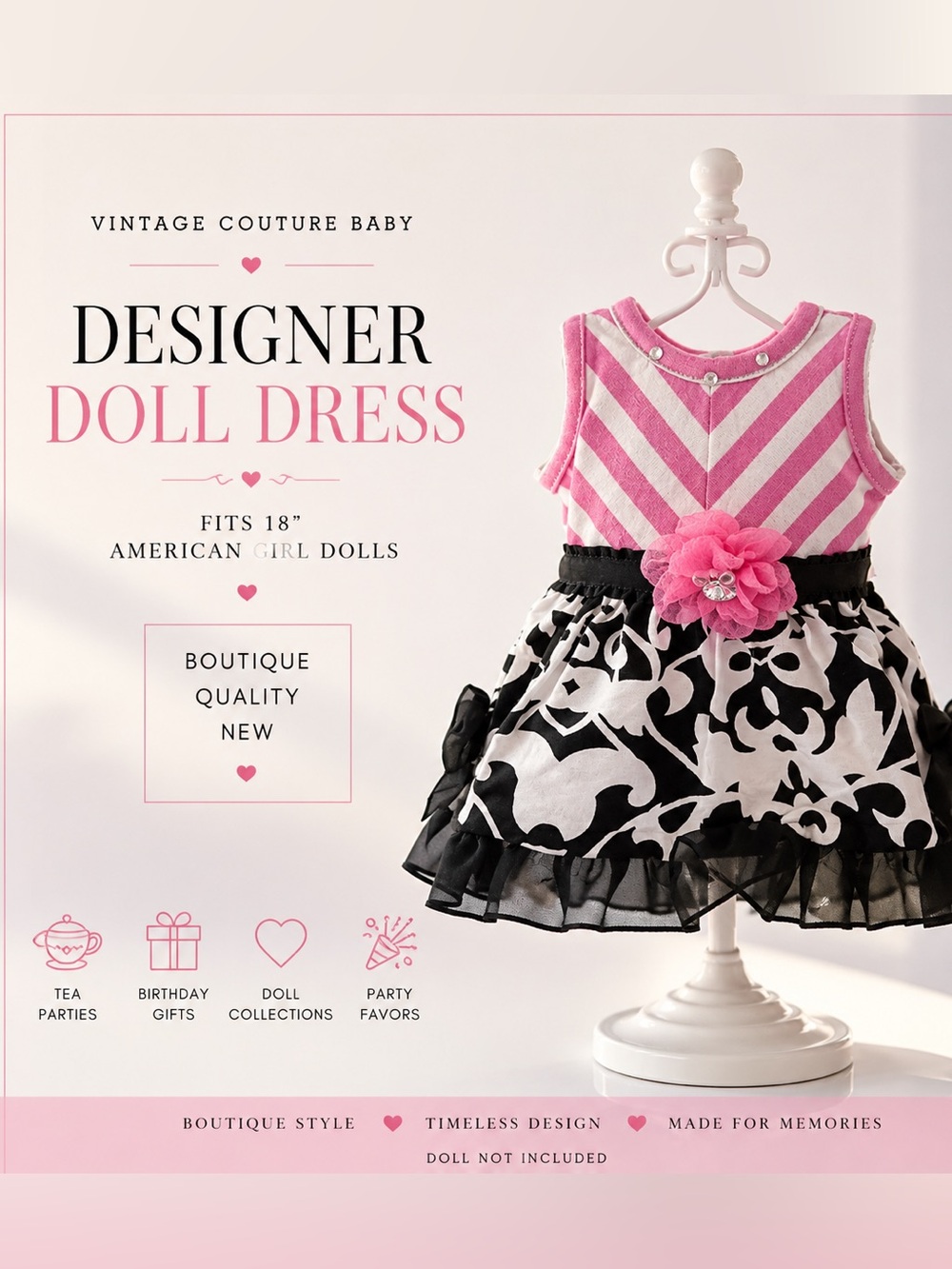Vintage Couture Baby Designer Doll Dress | Fits 18” American Girl Dolls | NWT